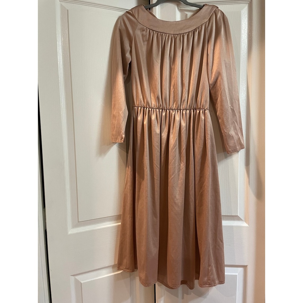 Kay Windsor Satin Draped Midi Dress Womens 12 Long Sleeve A-Line Flowy Rose Gold